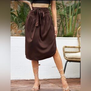 Avant Garde Chocolate Brown Satin Bow Belted Side Slit Midi Skirt 4 High Waist